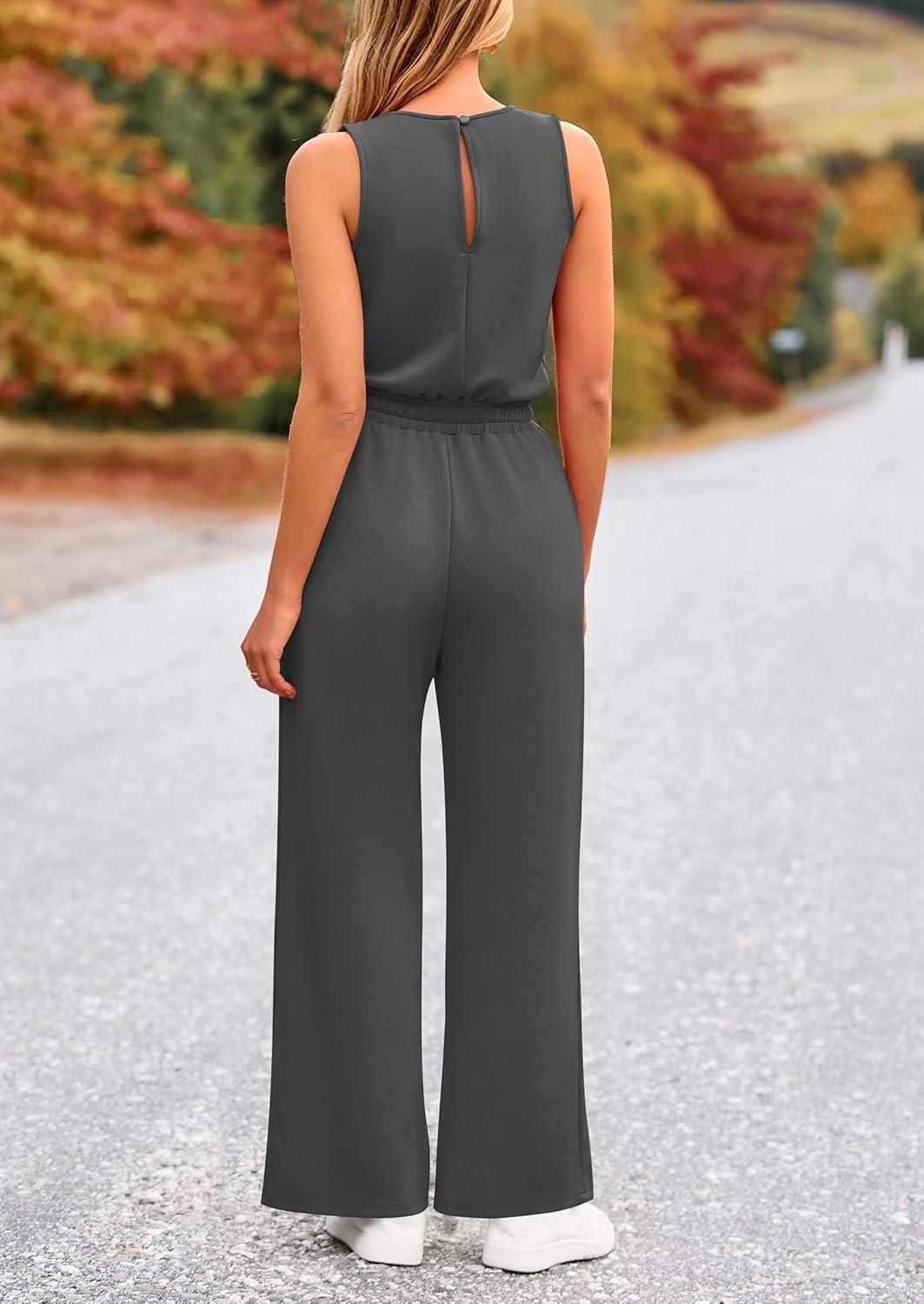 imagePRETTYGARDEN Jumpsuits for Women Casual 2026 Summer Sleeveless Wide Leg Pants Rompers One Piece Beach Vacation Spring OutfitsDark Grey