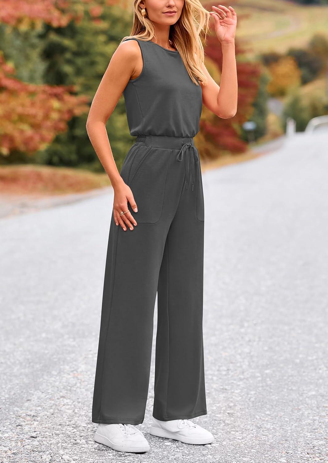 imagePRETTYGARDEN Jumpsuits for Women Casual 2026 Summer Sleeveless Wide Leg Pants Rompers One Piece Beach Vacation Spring OutfitsDark Grey
