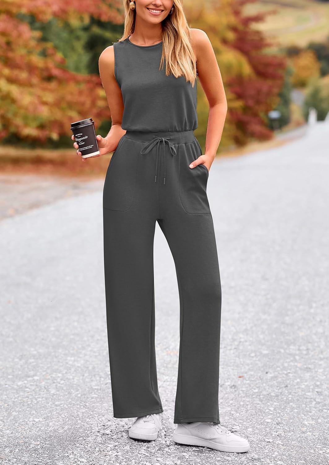 imagePRETTYGARDEN Jumpsuits for Women Casual 2026 Summer Sleeveless Wide Leg Pants Rompers One Piece Beach Vacation Spring OutfitsDark Grey