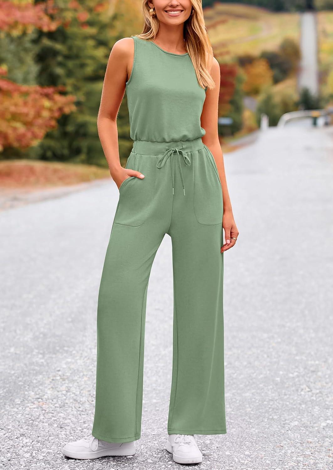 imagePRETTYGARDEN Jumpsuits for Women Casual 2026 Summer Sleeveless Wide Leg Pants Rompers One Piece Beach Vacation Spring OutfitsGrey Green