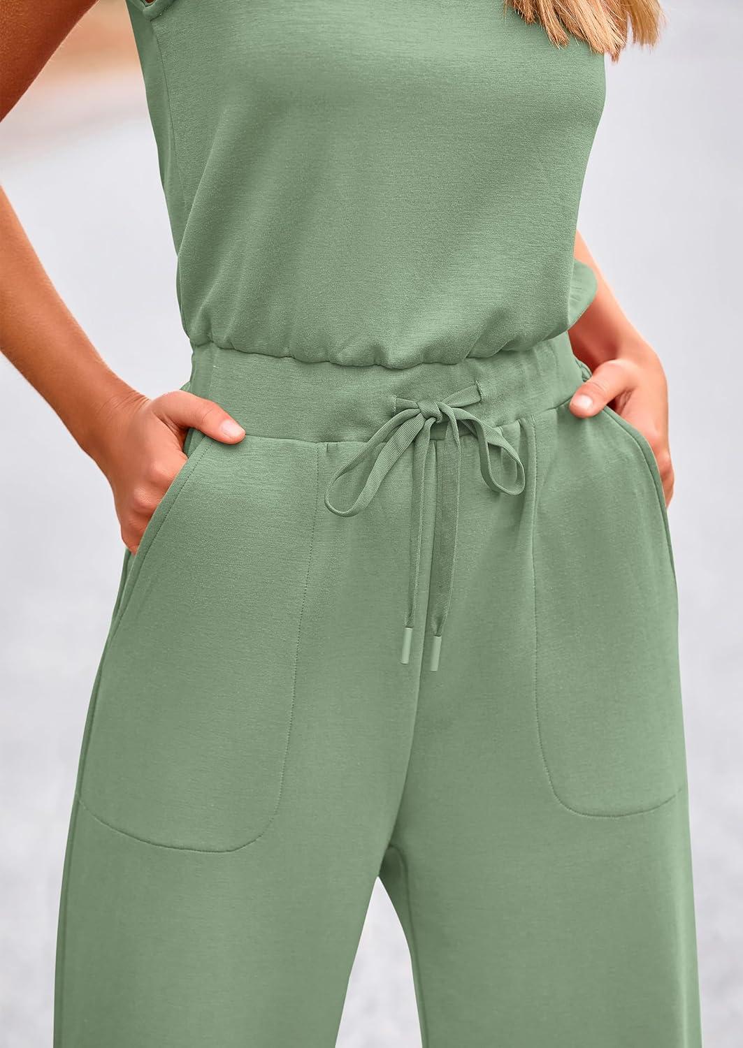 imagePRETTYGARDEN Jumpsuits for Women Casual 2026 Summer Sleeveless Wide Leg Pants Rompers One Piece Beach Vacation Spring OutfitsGrey Green