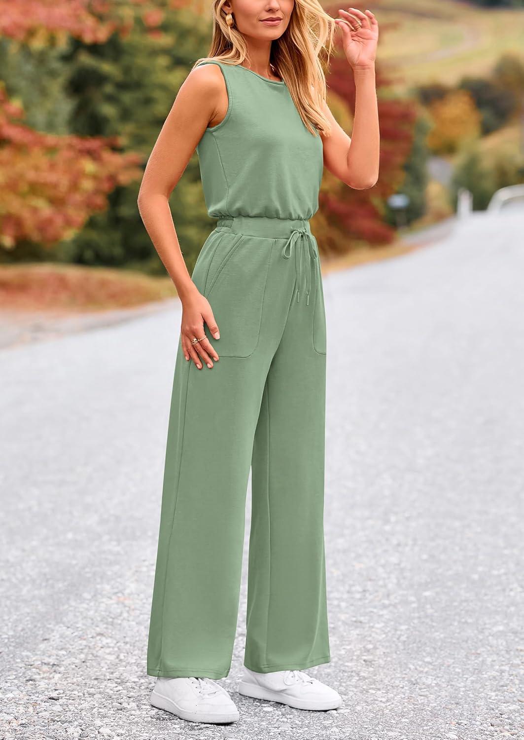 imagePRETTYGARDEN Jumpsuits for Women Casual 2026 Summer Sleeveless Wide Leg Pants Rompers One Piece Beach Vacation Spring OutfitsGrey Green