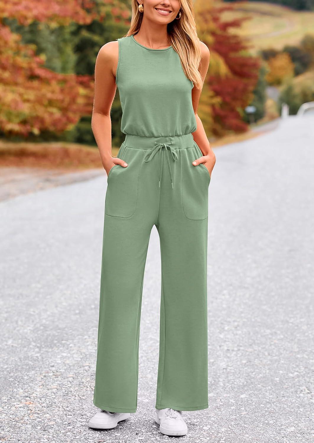imagePRETTYGARDEN Jumpsuits for Women Casual 2026 Summer Sleeveless Wide Leg Pants Rompers One Piece Beach Vacation Spring OutfitsGrey Green