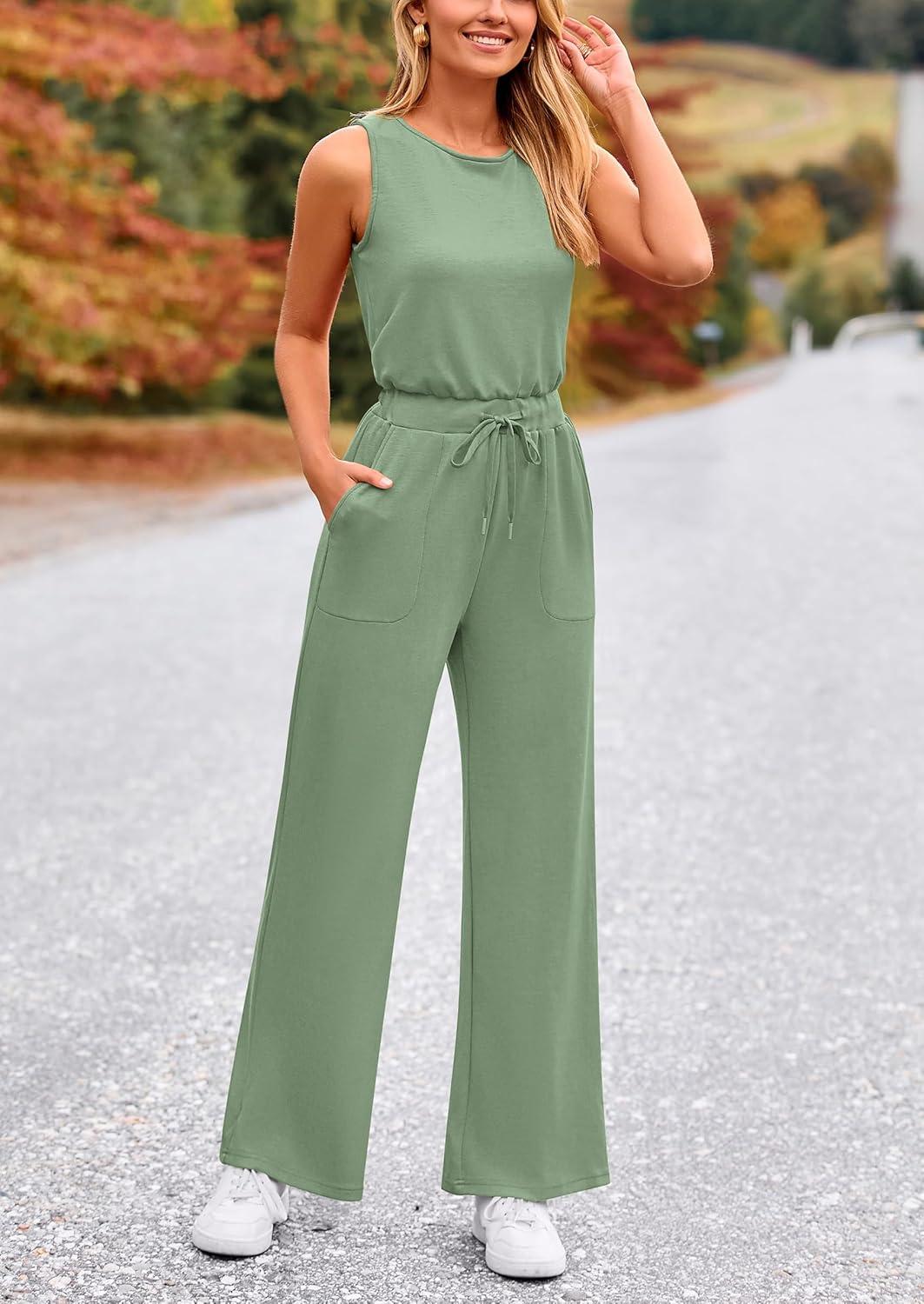 imagePRETTYGARDEN Jumpsuits for Women Casual 2026 Summer Sleeveless Wide Leg Pants Rompers One Piece Beach Vacation Spring OutfitsGrey Green