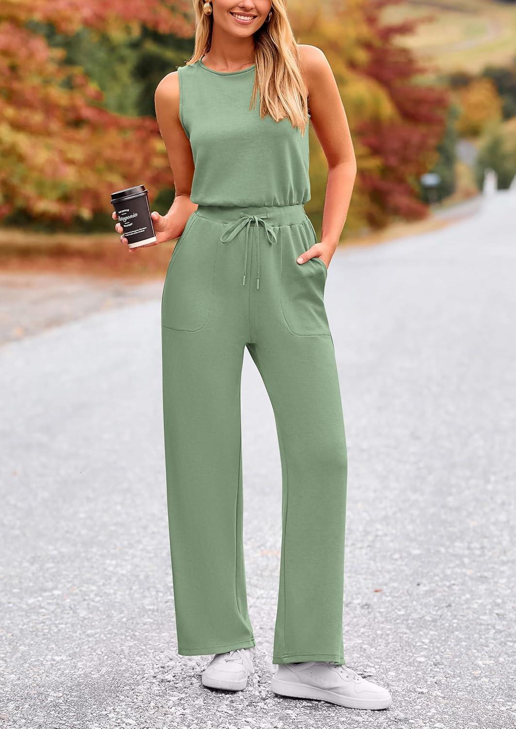 imagePRETTYGARDEN Jumpsuits for Women Casual 2026 Summer Sleeveless Wide Leg Pants Rompers One Piece Beach Vacation Spring OutfitsGrey Green