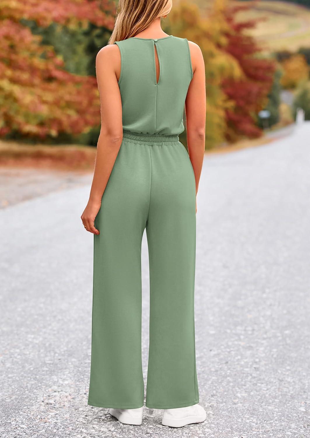 imagePRETTYGARDEN Jumpsuits for Women Casual 2026 Summer Sleeveless Wide Leg Pants Rompers One Piece Beach Vacation Spring OutfitsGrey Green