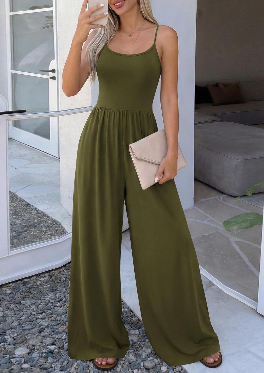 imagePRETTYGARDEN Jumpsuits for Women Summer 2026 Sleeveless Wide Leg Date Night Rompers Beach Vacation Cruise One Piece OutfitsArmy Green