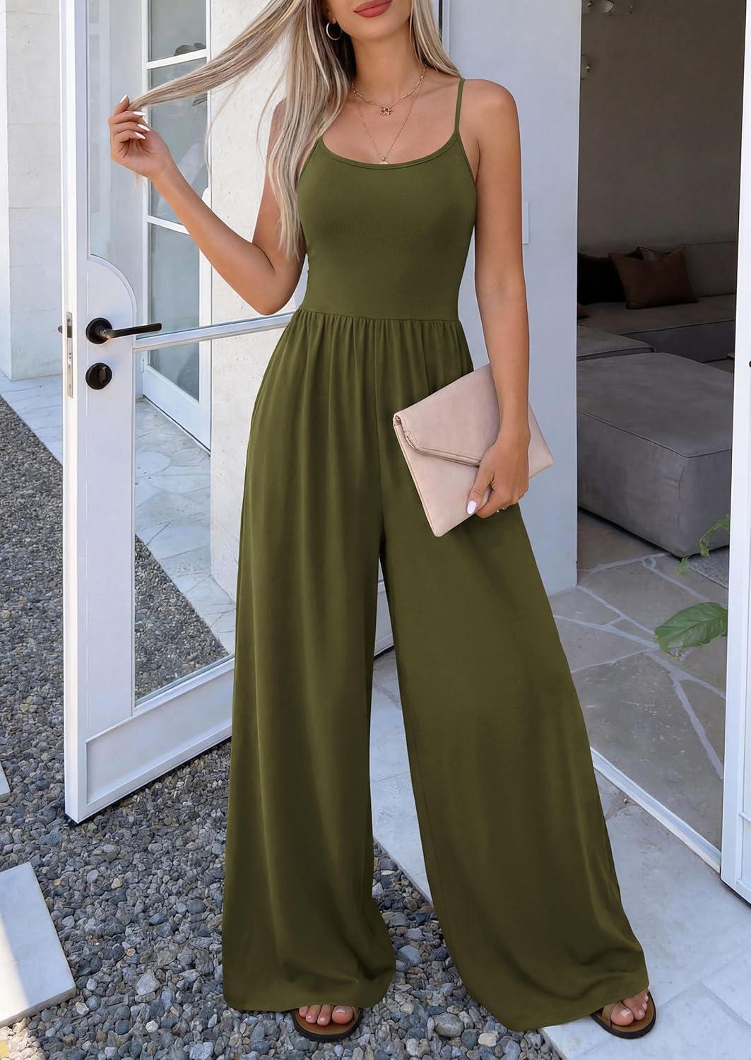 imagePRETTYGARDEN Jumpsuits for Women Summer 2026 Sleeveless Wide Leg Date Night Rompers Beach Vacation Cruise One Piece OutfitsArmy Green