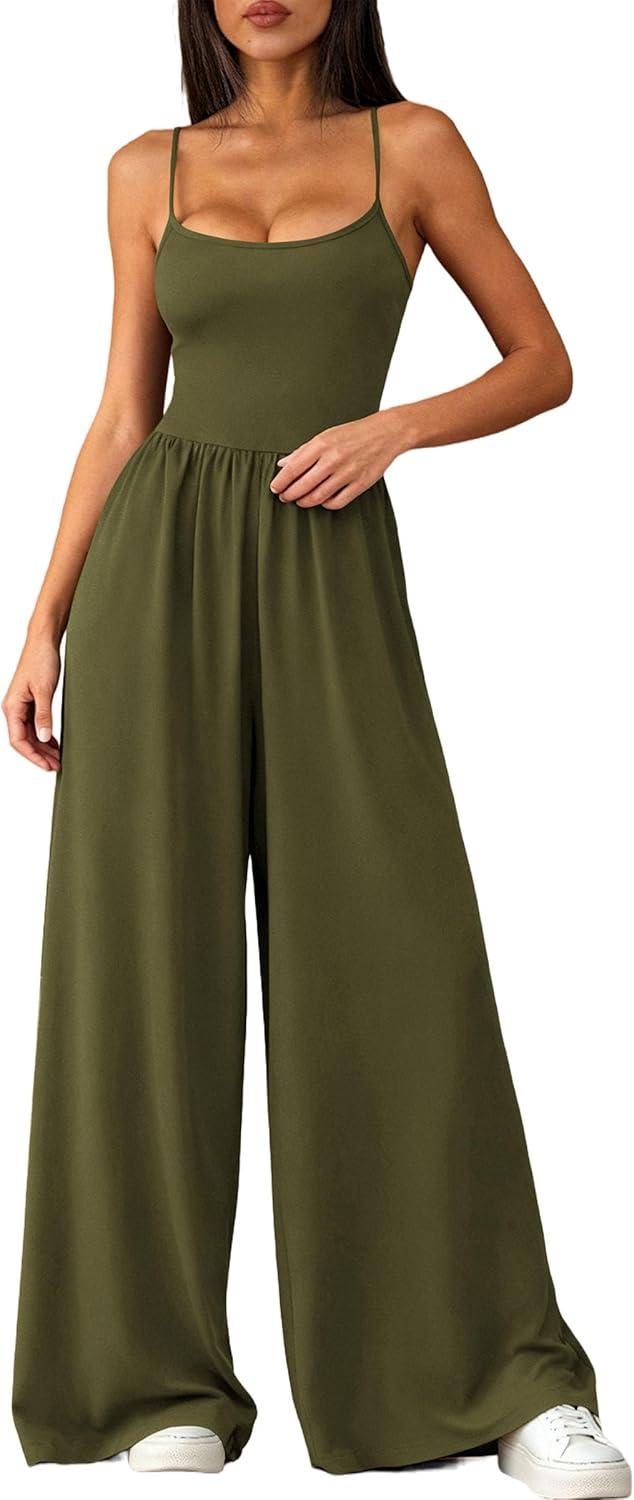imagePRETTYGARDEN Jumpsuits for Women Summer 2026 Sleeveless Wide Leg Date Night Rompers Beach Vacation Cruise One Piece OutfitsArmy Green
