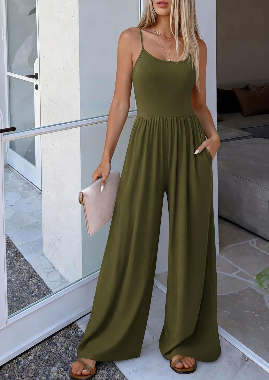 imagePRETTYGARDEN Jumpsuits for Women Summer 2026 Sleeveless Wide Leg Date Night Rompers Beach Vacation Cruise One Piece OutfitsArmy Green