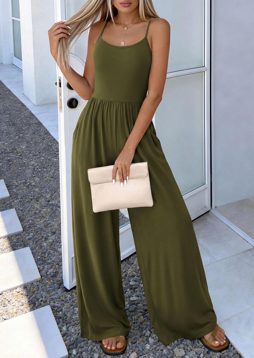 imagePRETTYGARDEN Jumpsuits for Women Summer 2026 Sleeveless Wide Leg Date Night Rompers Beach Vacation Cruise One Piece OutfitsArmy Green
