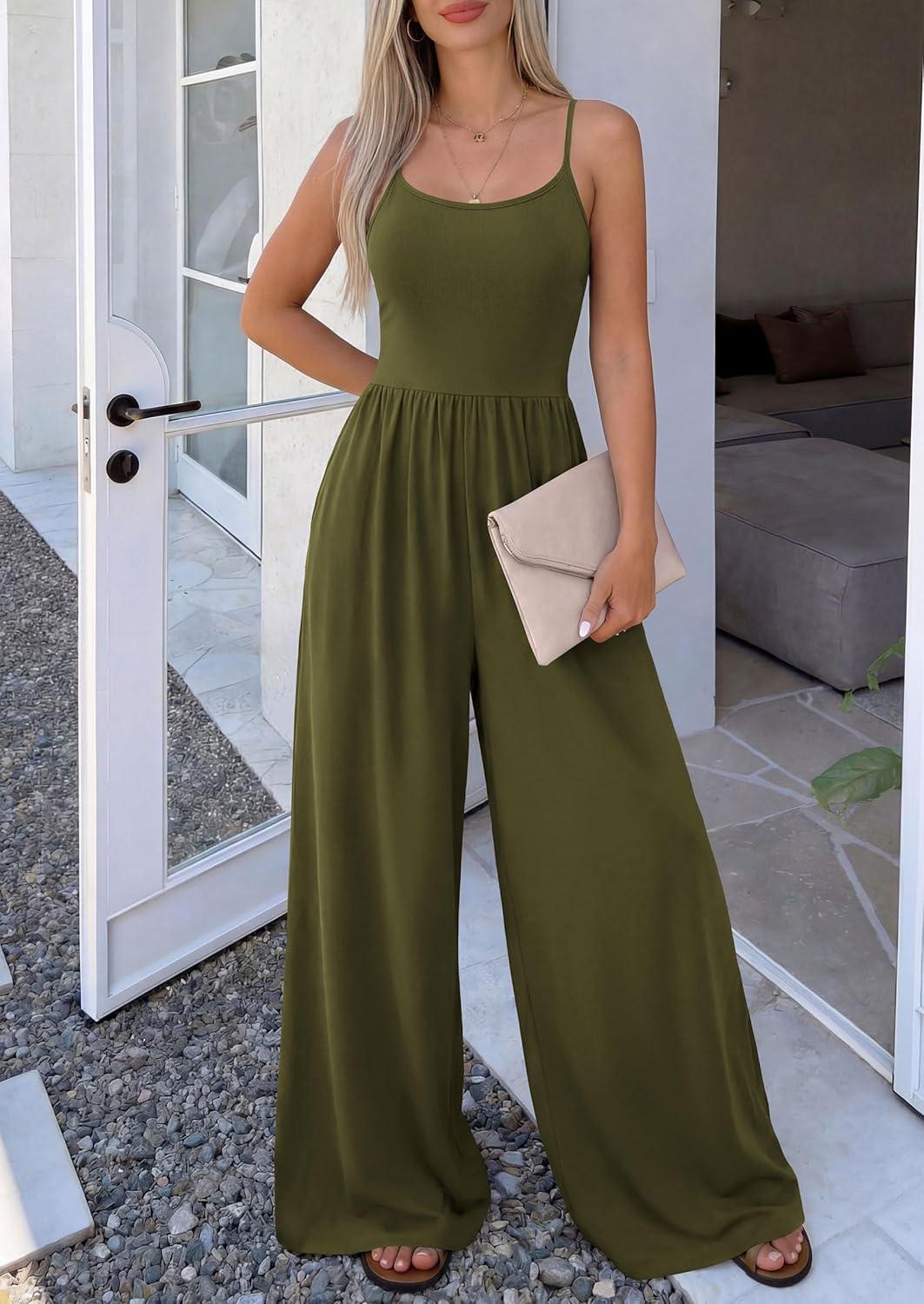 imagePRETTYGARDEN Jumpsuits for Women Summer 2026 Sleeveless Wide Leg Date Night Rompers Beach Vacation Cruise One Piece OutfitsArmy Green