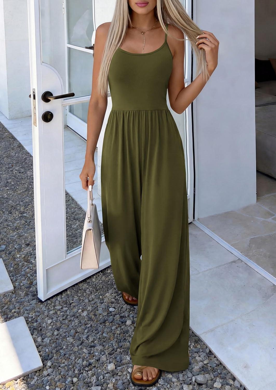 imagePRETTYGARDEN Jumpsuits for Women Summer 2026 Sleeveless Wide Leg Date Night Rompers Beach Vacation Cruise One Piece OutfitsArmy Green