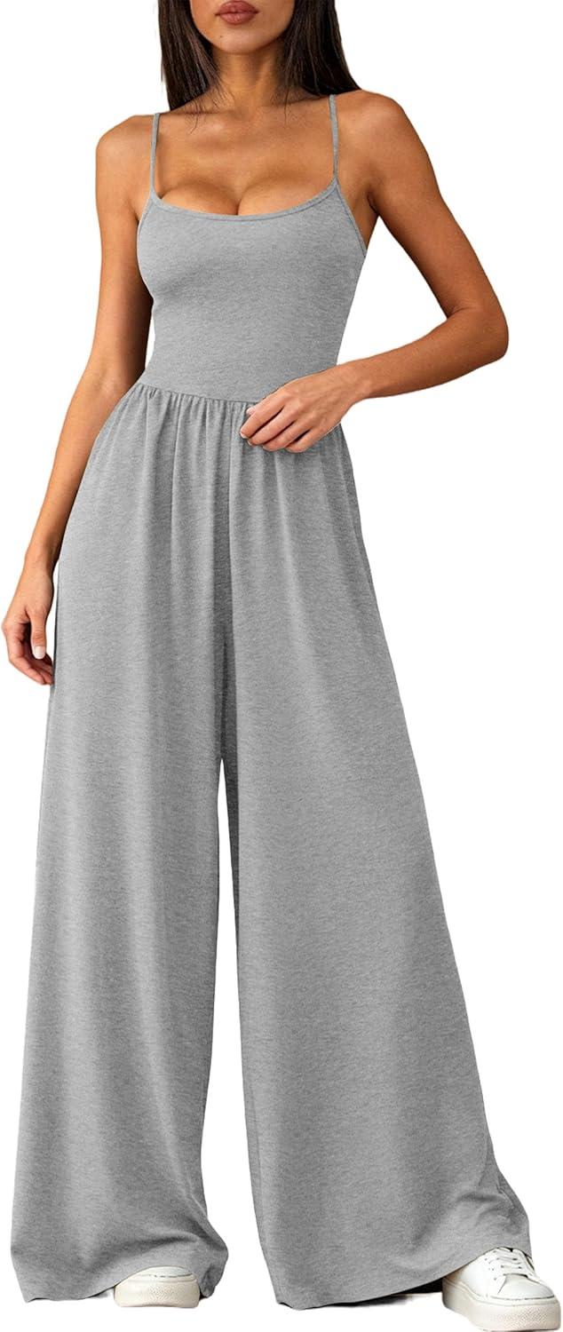 imagePRETTYGARDEN Jumpsuits for Women Summer 2026 Sleeveless Wide Leg Date Night Rompers Beach Vacation Cruise One Piece OutfitsGrey