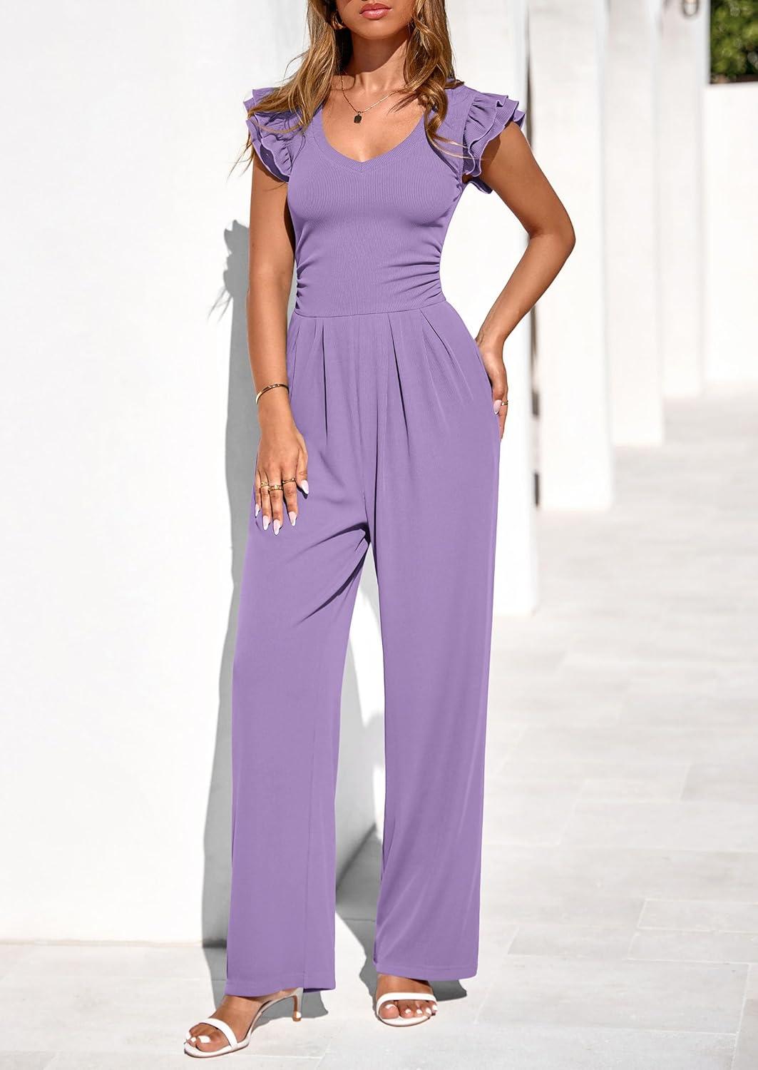 imagePRETTYGARDEN One Piece Jumpsuits For Women Dressy Ruffle Cap Sleeve V Neck Ribbed Knit Wide Leg Romper Casual Spring OutfitsLight Purple