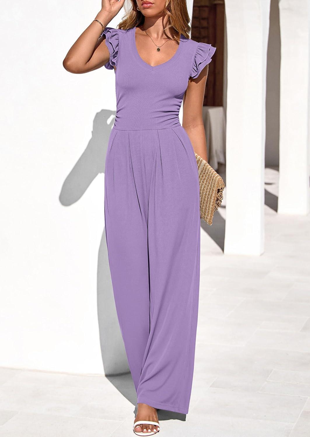 imagePRETTYGARDEN One Piece Jumpsuits For Women Dressy Ruffle Cap Sleeve V Neck Ribbed Knit Wide Leg Romper Casual Spring OutfitsLight Purple