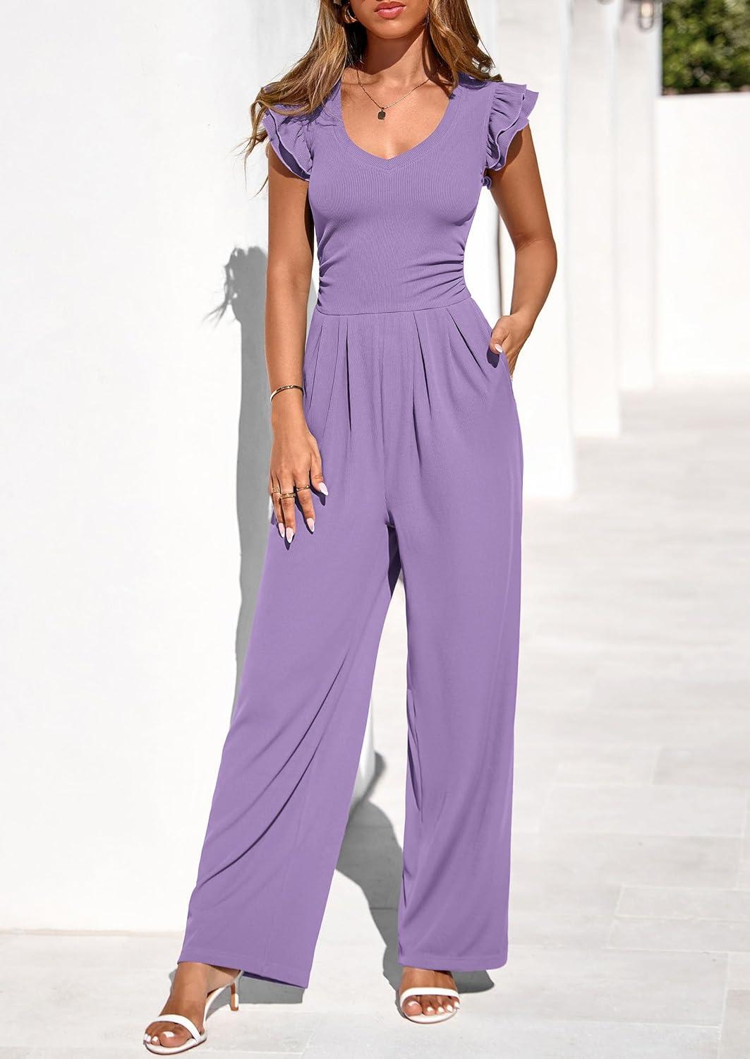 imagePRETTYGARDEN One Piece Jumpsuits For Women Dressy Ruffle Cap Sleeve V Neck Ribbed Knit Wide Leg Romper Casual Spring OutfitsLight Purple