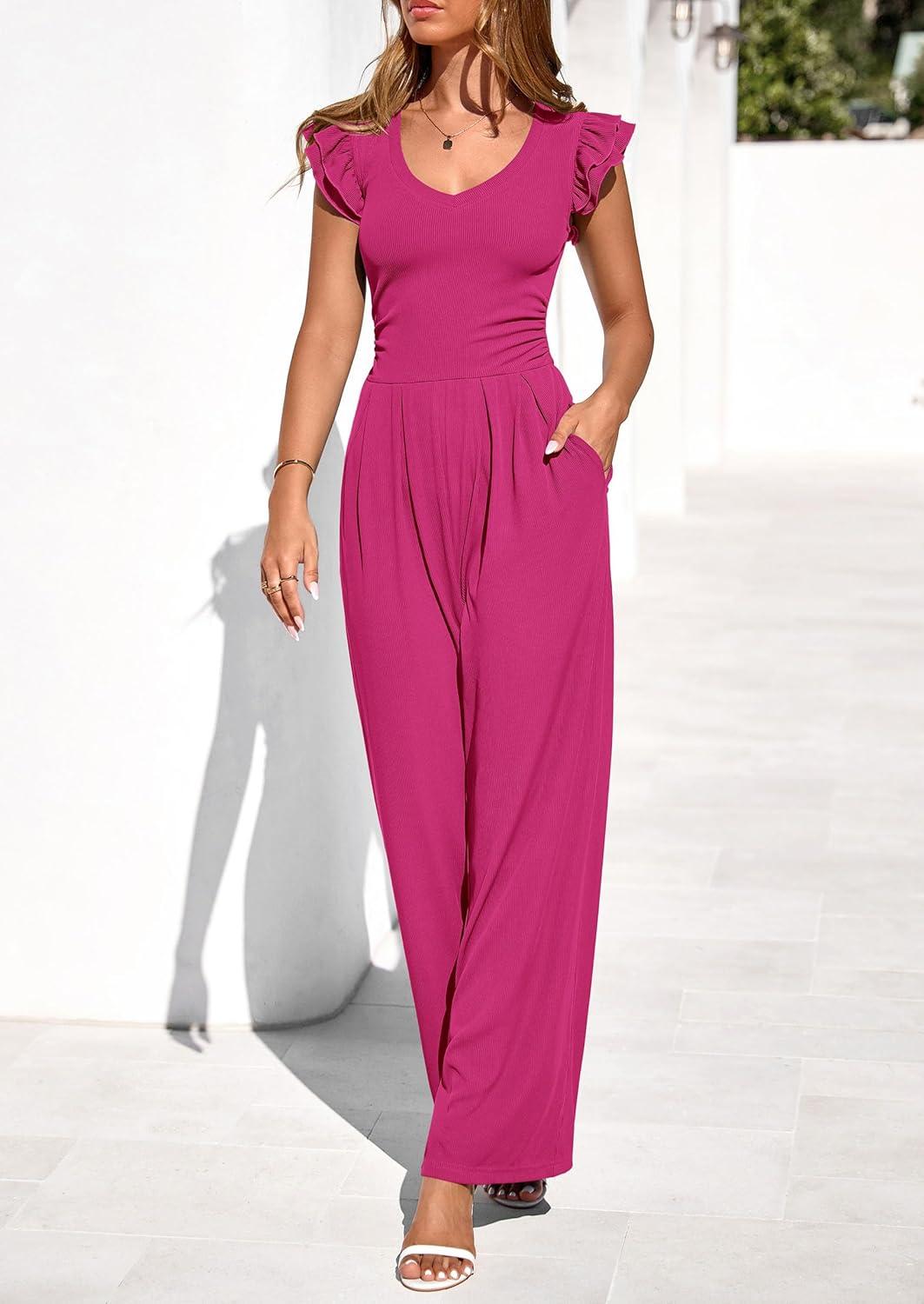 imagePRETTYGARDEN One Piece Jumpsuits For Women Dressy Ruffle Cap Sleeve V Neck Ribbed Knit Wide Leg Romper Casual Spring OutfitsRose Red