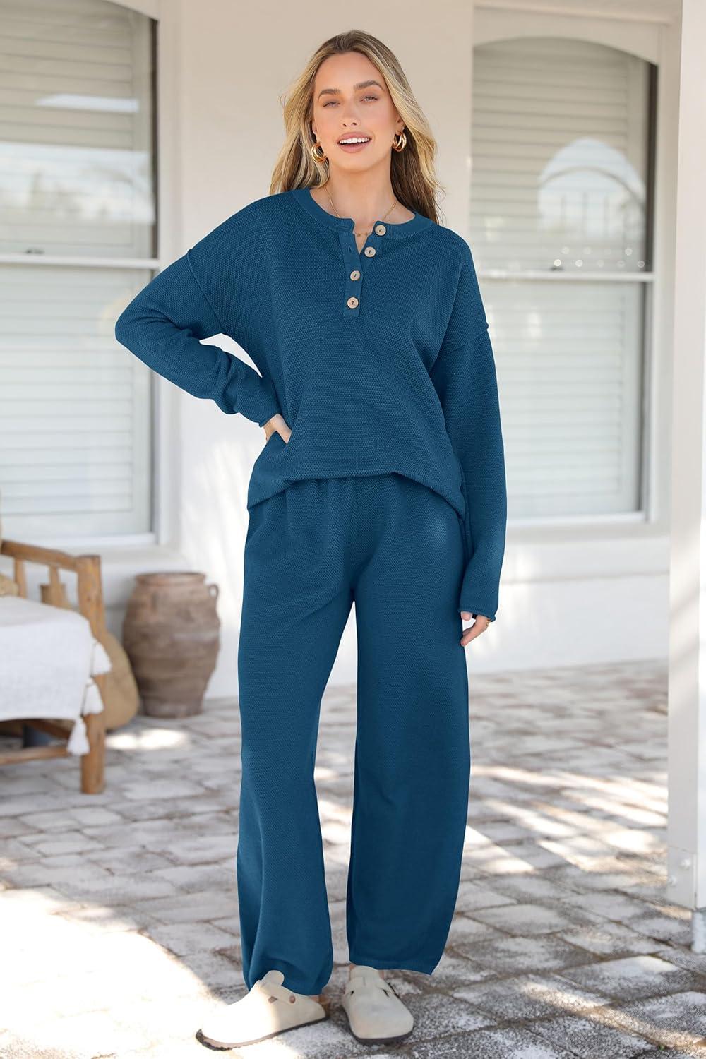 imagePRETTYGARDEN Womens 2 Piece Tracksuit Outfits 2024 Fall Knit Sweater And Wide Leg Pants Sweatsuit Lounge Sets Lake BlueLarge