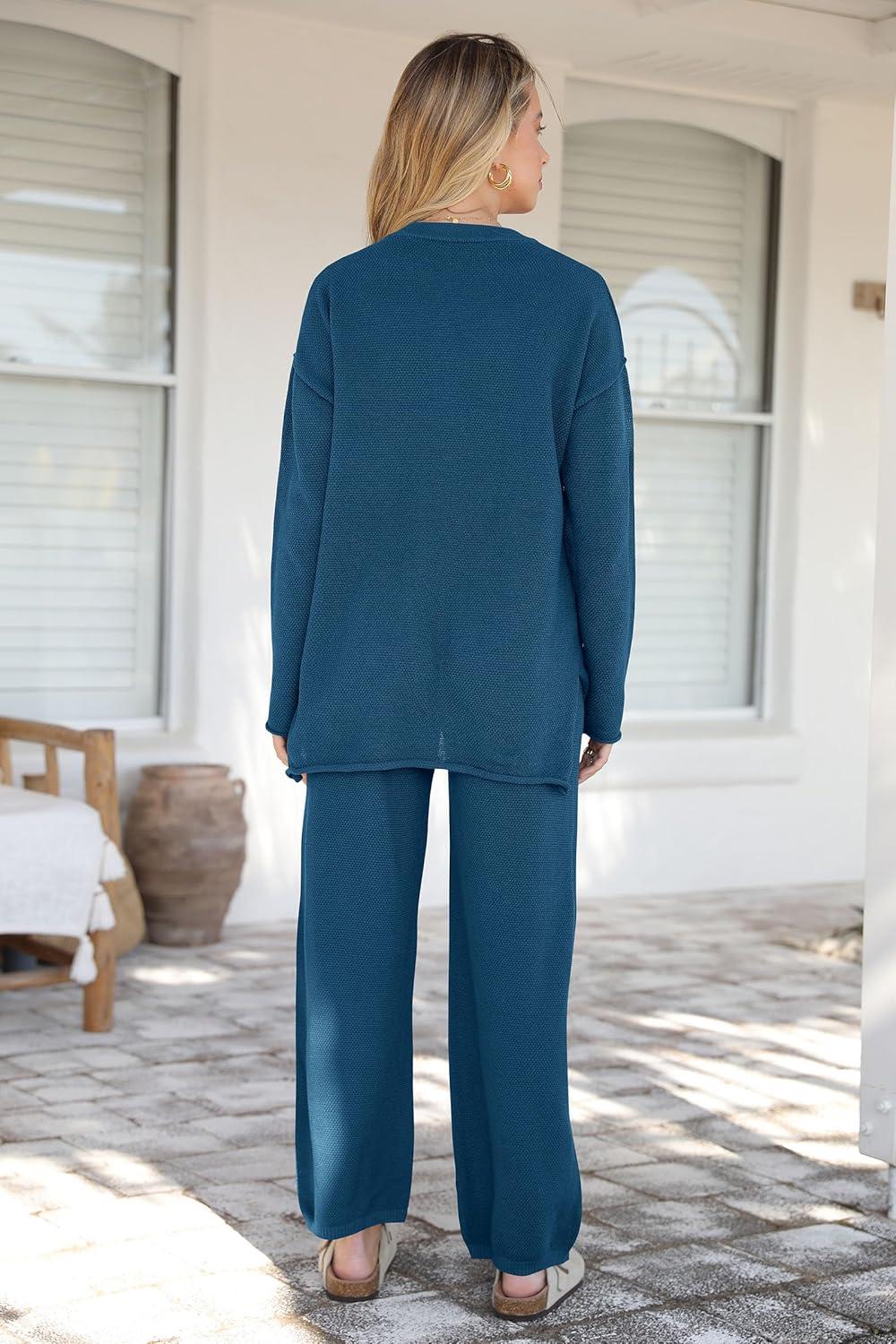 imagePRETTYGARDEN Womens 2 Piece Tracksuit Outfits 2024 Fall Knit Sweater And Wide Leg Pants Sweatsuit Lounge Sets Lake BlueLarge