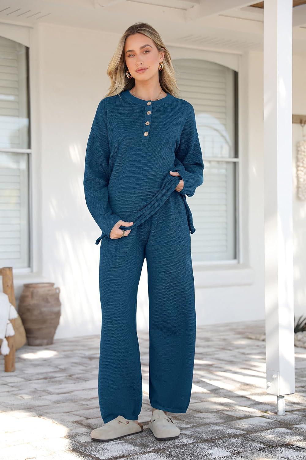 imagePRETTYGARDEN Womens 2 Piece Tracksuit Outfits 2024 Fall Knit Sweater And Wide Leg Pants Sweatsuit Lounge Sets Lake BlueLarge