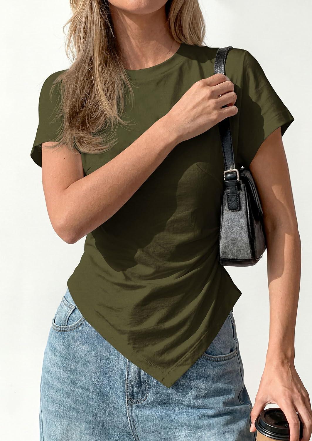 imagePRETTYGARDEN Womens Asymmetrical Tops 2026 Spring Summer Going Out Shirts Y2K Short Sleeve Crew Neck Ruched Trendy ClothesArmy Green