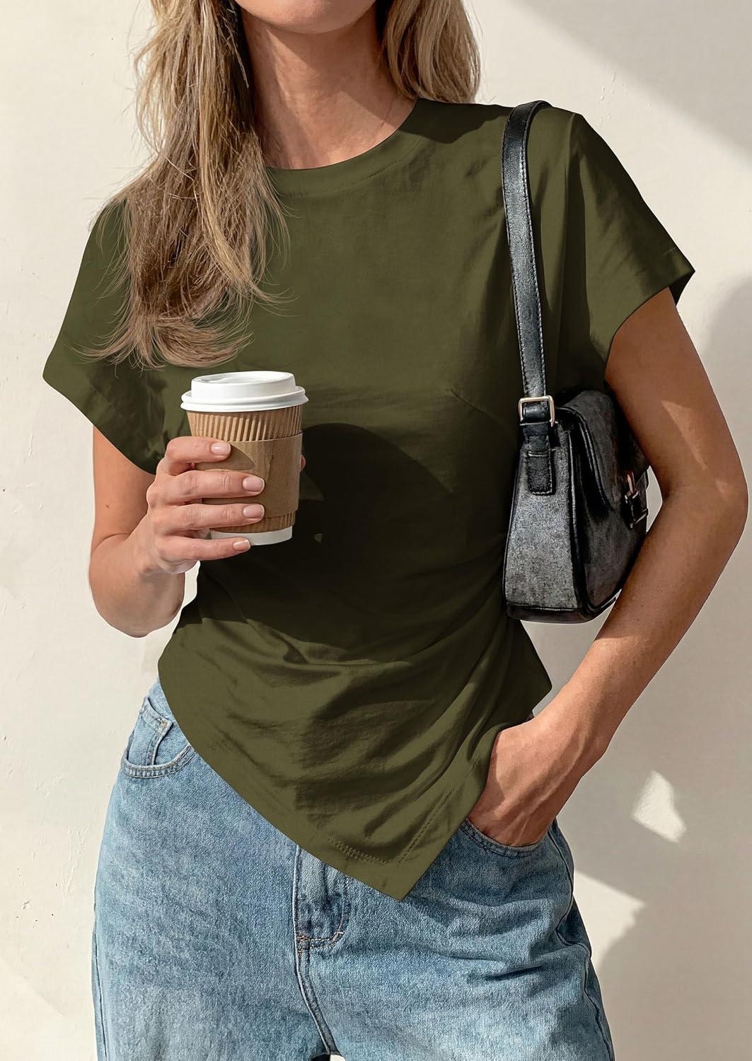 imagePRETTYGARDEN Womens Asymmetrical Tops 2026 Spring Summer Going Out Shirts Y2K Short Sleeve Crew Neck Ruched Trendy ClothesArmy Green