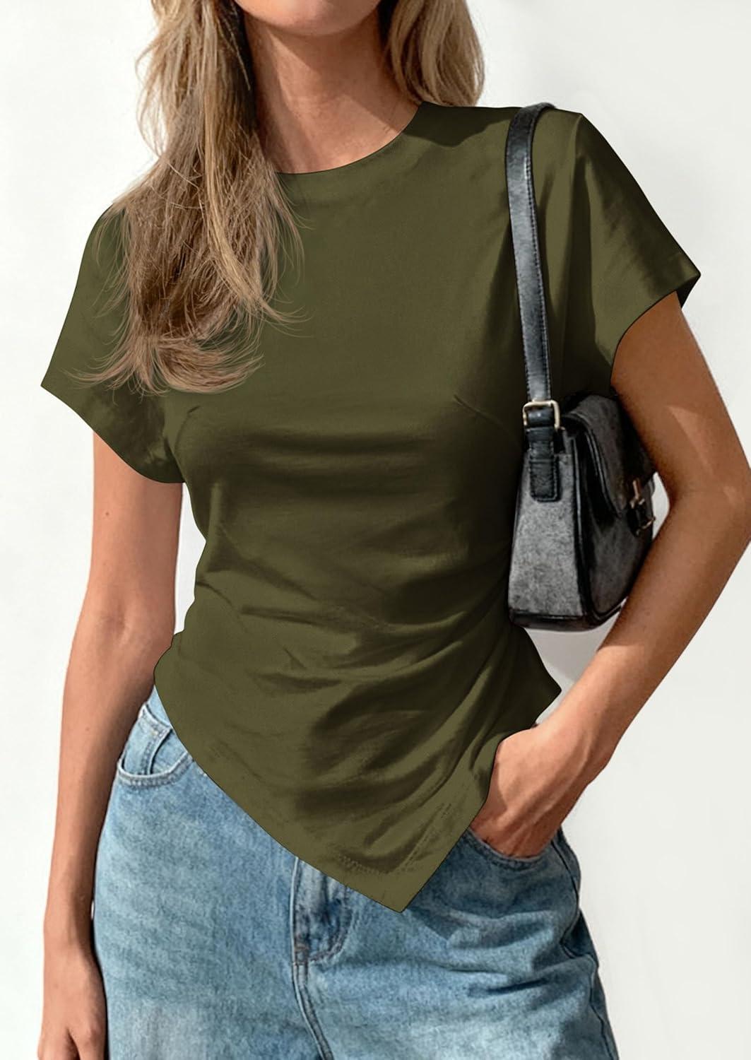 imagePRETTYGARDEN Womens Asymmetrical Tops 2026 Spring Summer Going Out Shirts Y2K Short Sleeve Crew Neck Ruched Trendy ClothesArmy Green