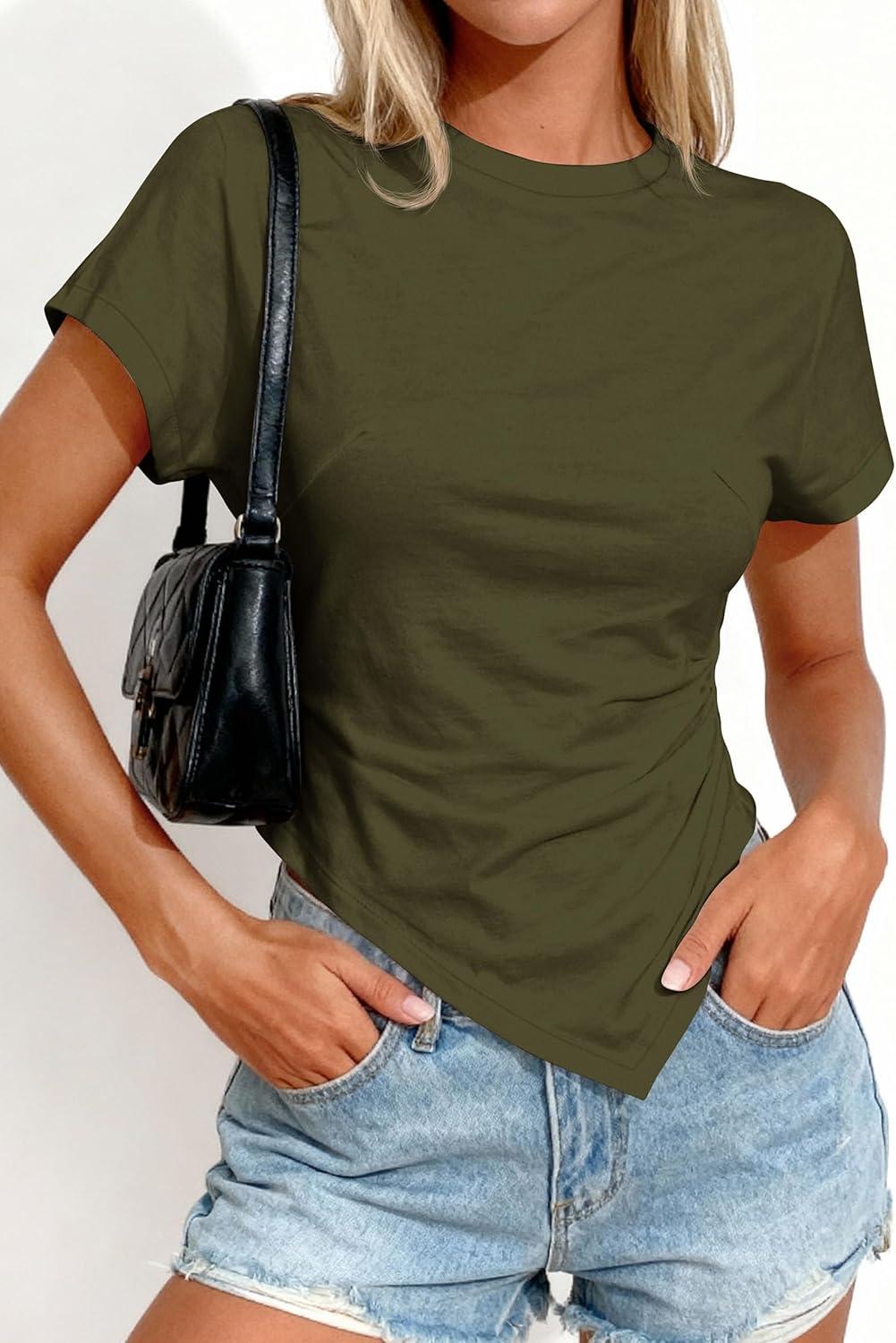 imagePRETTYGARDEN Womens Asymmetrical Tops 2026 Spring Summer Going Out Shirts Y2K Short Sleeve Crew Neck Ruched Trendy ClothesArmy Green