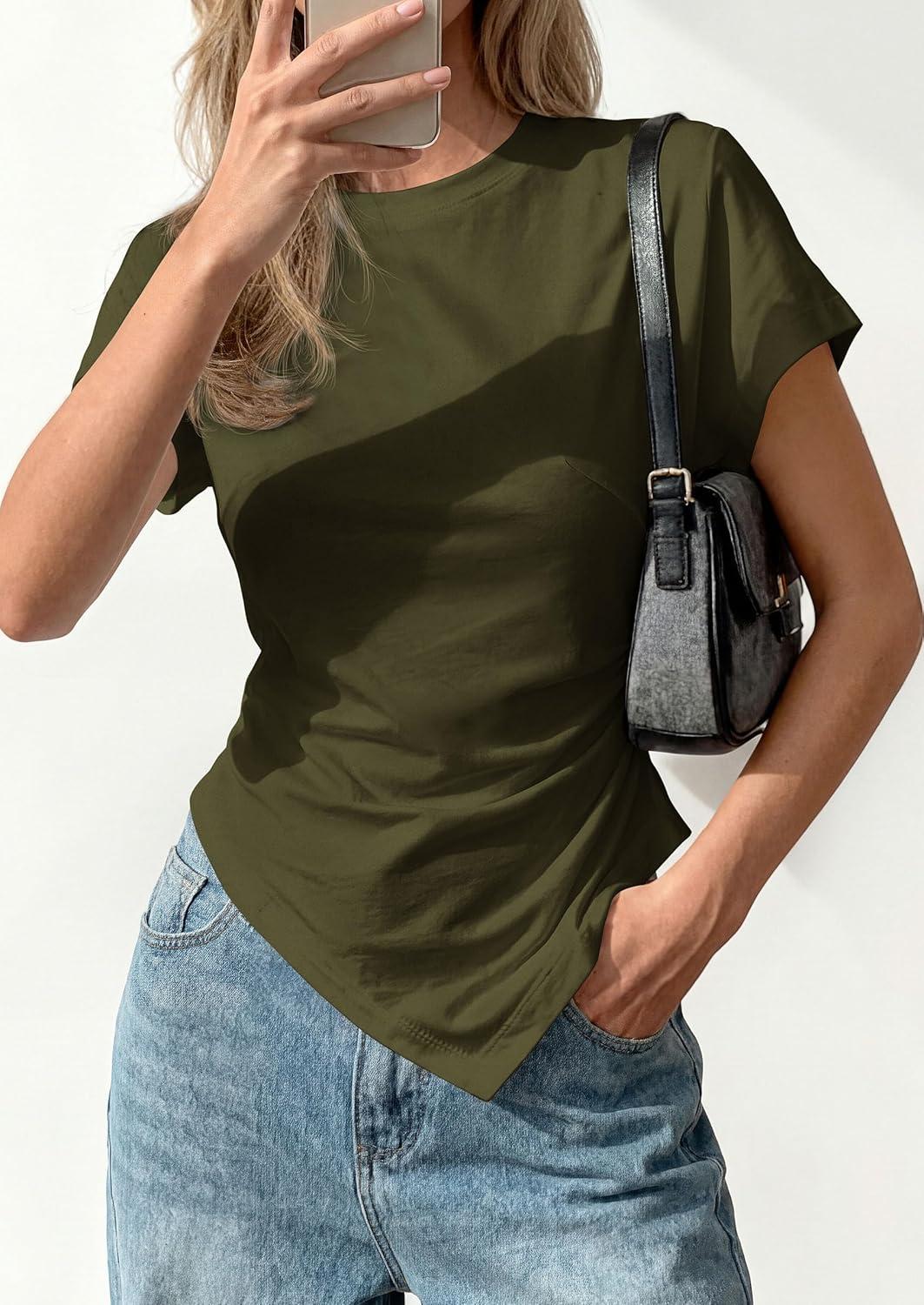 imagePRETTYGARDEN Womens Asymmetrical Tops 2026 Spring Summer Going Out Shirts Y2K Short Sleeve Crew Neck Ruched Trendy ClothesArmy Green
