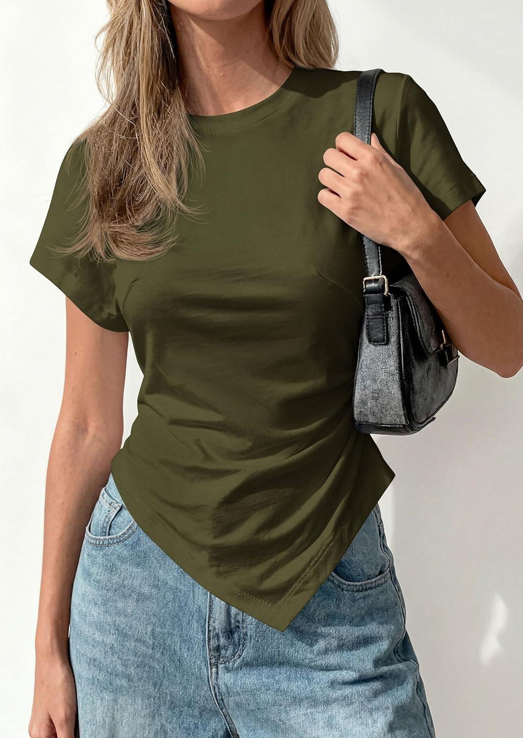 imagePRETTYGARDEN Womens Asymmetrical Tops 2026 Spring Summer Going Out Shirts Y2K Short Sleeve Crew Neck Ruched Trendy ClothesArmy Green