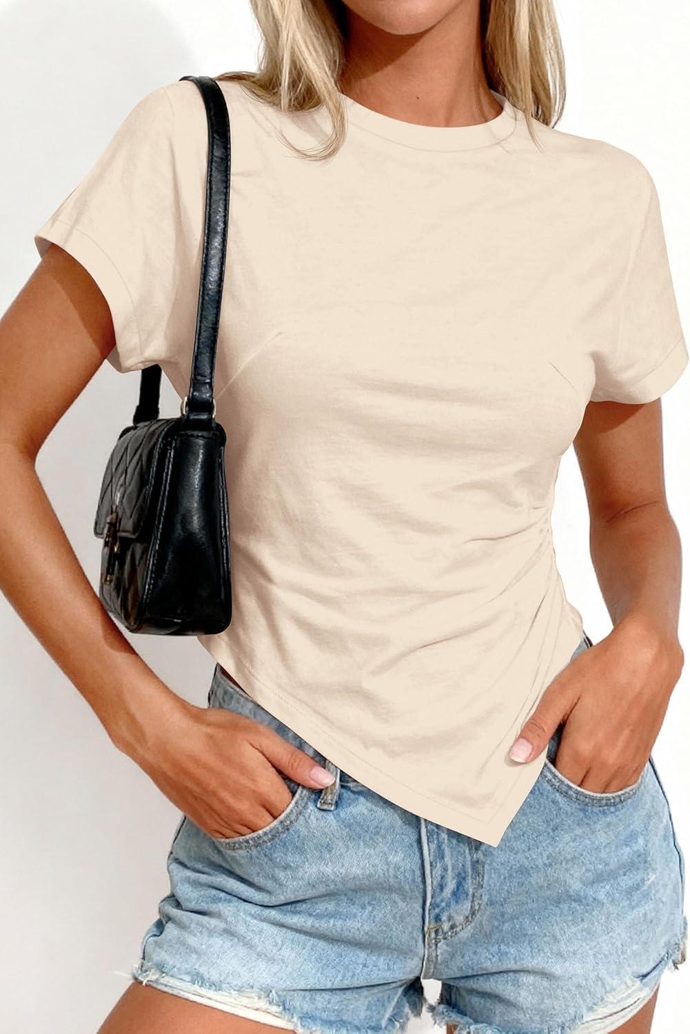 imagePRETTYGARDEN Womens Asymmetrical Tops 2026 Spring Summer Going Out Shirts Y2K Short Sleeve Crew Neck Ruched Trendy ClothesBeige
