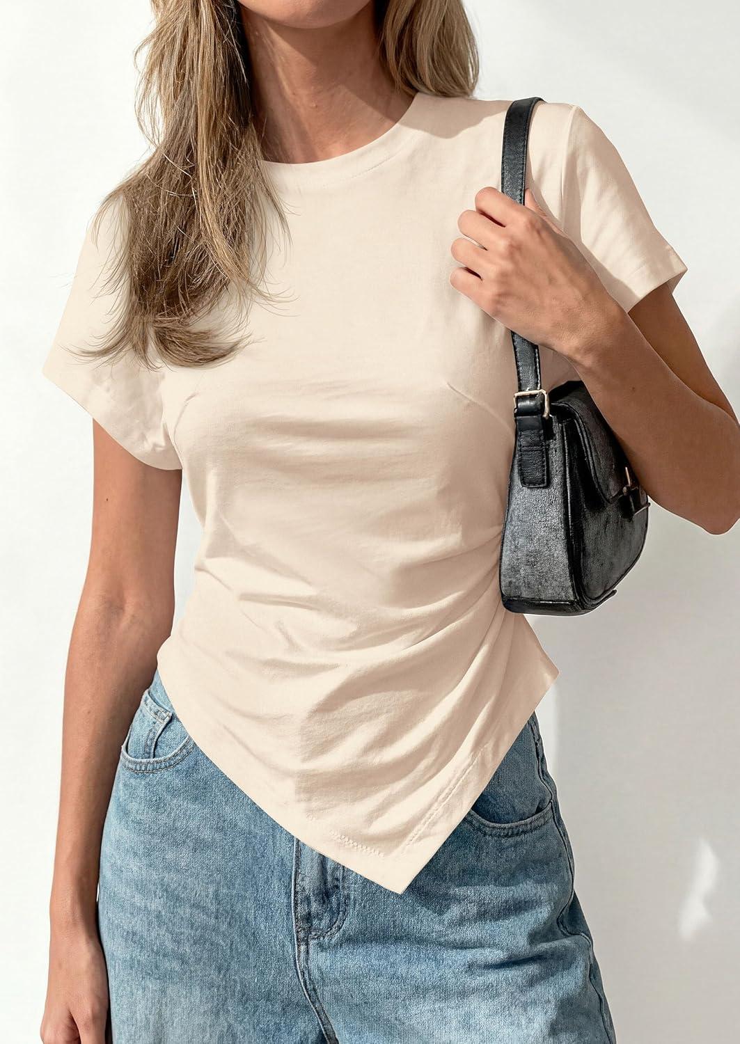 imagePRETTYGARDEN Womens Asymmetrical Tops 2026 Spring Summer Going Out Shirts Y2K Short Sleeve Crew Neck Ruched Trendy ClothesBeige