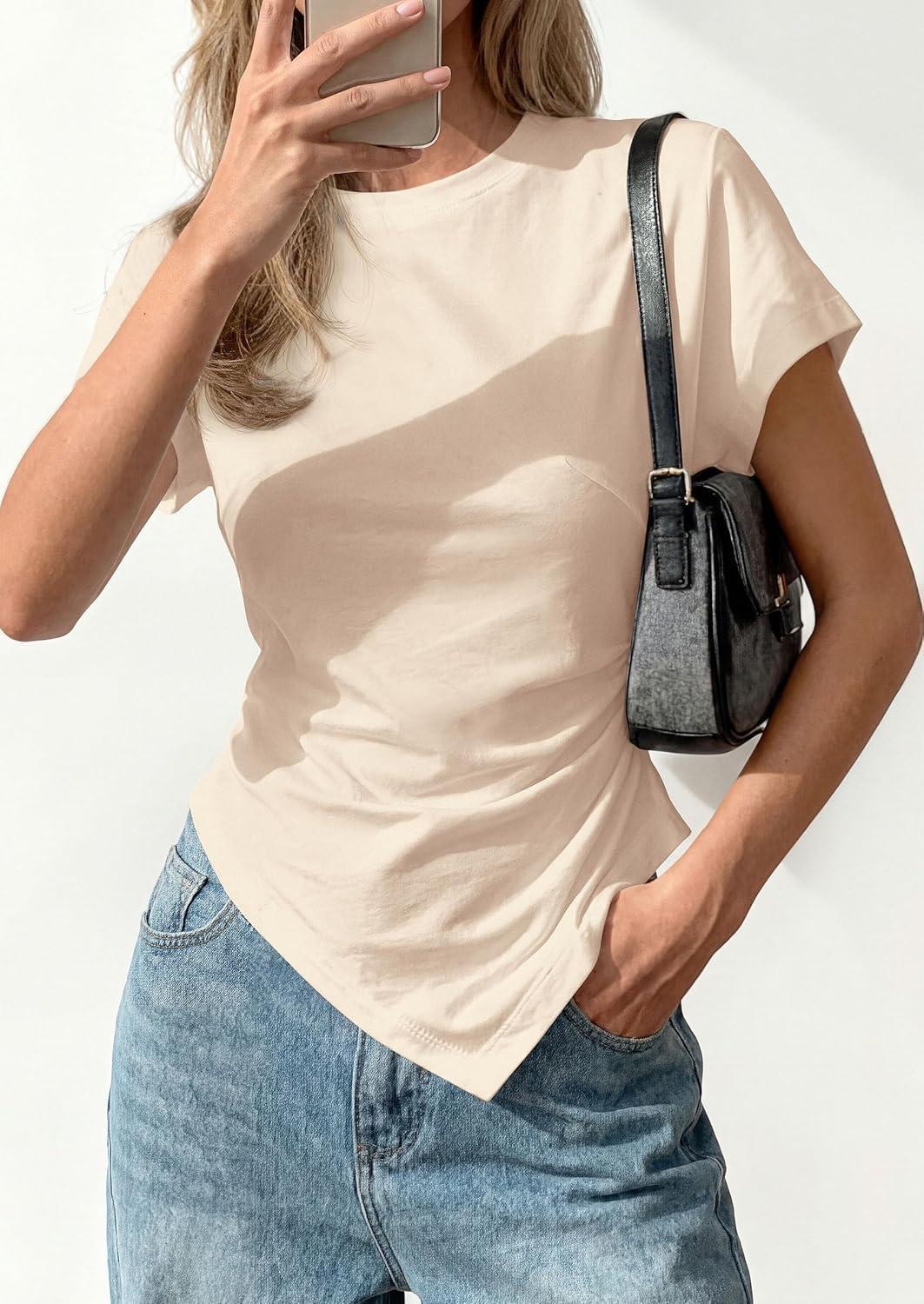 imagePRETTYGARDEN Womens Asymmetrical Tops 2026 Spring Summer Going Out Shirts Y2K Short Sleeve Crew Neck Ruched Trendy ClothesBeige
