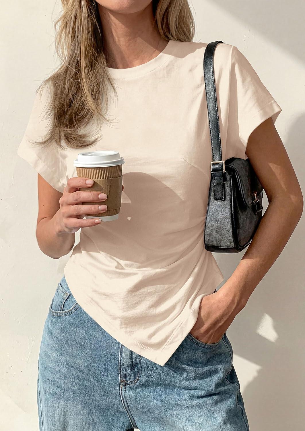 imagePRETTYGARDEN Womens Asymmetrical Tops 2026 Spring Summer Going Out Shirts Y2K Short Sleeve Crew Neck Ruched Trendy ClothesBeige