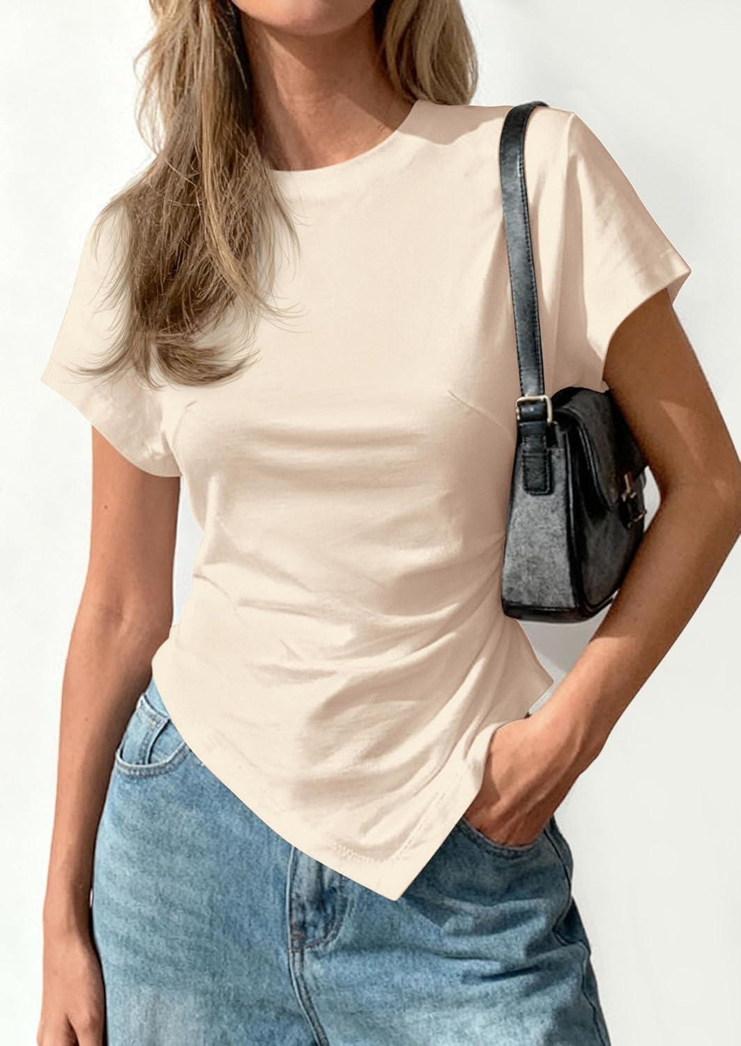imagePRETTYGARDEN Womens Asymmetrical Tops 2026 Spring Summer Going Out Shirts Y2K Short Sleeve Crew Neck Ruched Trendy ClothesBeige