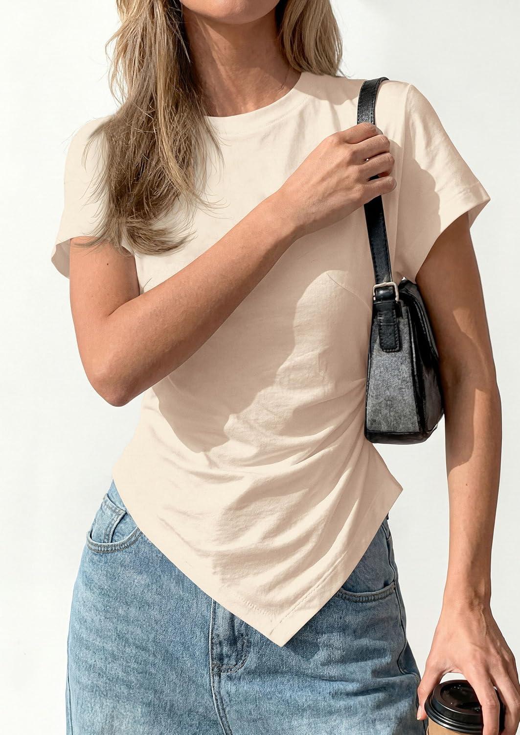 imagePRETTYGARDEN Womens Asymmetrical Tops 2026 Spring Summer Going Out Shirts Y2K Short Sleeve Crew Neck Ruched Trendy ClothesBeige