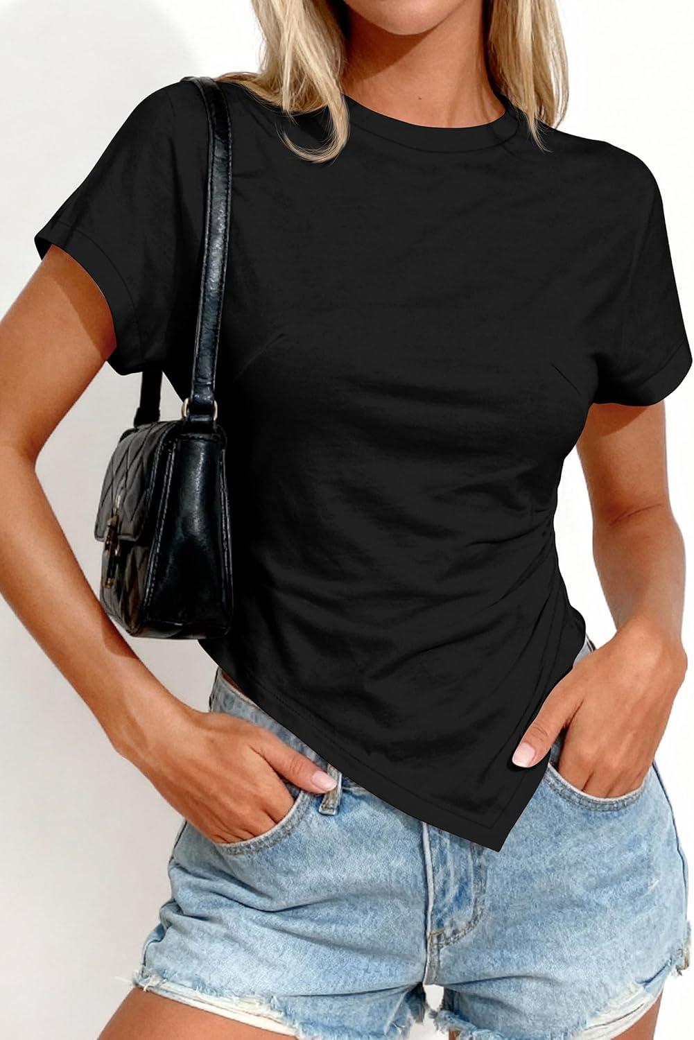 imagePRETTYGARDEN Womens Asymmetrical Tops 2026 Spring Summer Going Out Shirts Y2K Short Sleeve Crew Neck Ruched Trendy ClothesBlack