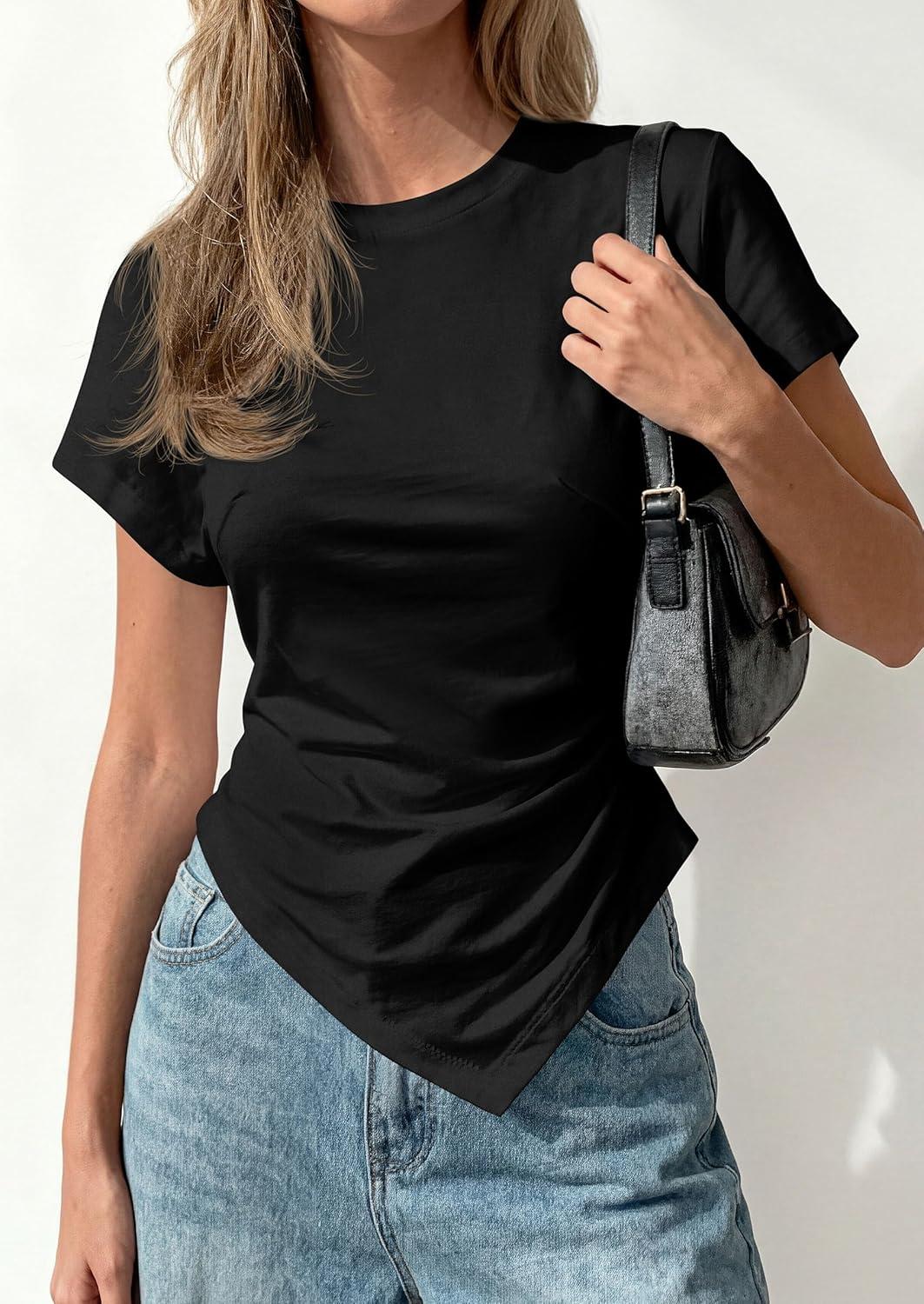 imagePRETTYGARDEN Womens Asymmetrical Tops 2026 Spring Summer Going Out Shirts Y2K Short Sleeve Crew Neck Ruched Trendy ClothesBlack