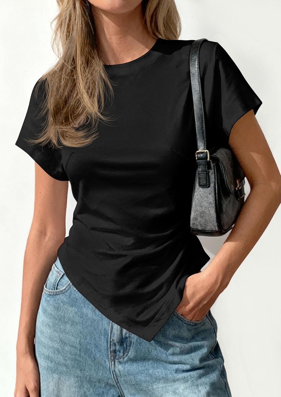 imagePRETTYGARDEN Womens Asymmetrical Tops 2026 Spring Summer Going Out Shirts Y2K Short Sleeve Crew Neck Ruched Trendy ClothesBlack