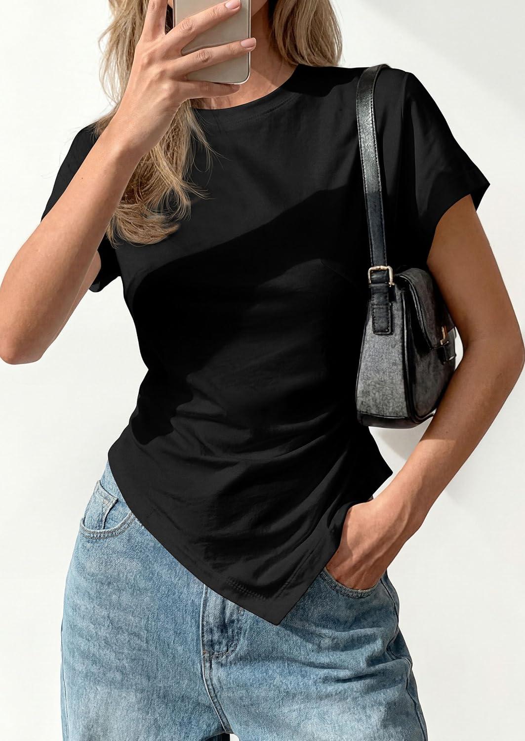 imagePRETTYGARDEN Womens Asymmetrical Tops 2026 Spring Summer Going Out Shirts Y2K Short Sleeve Crew Neck Ruched Trendy ClothesBlack