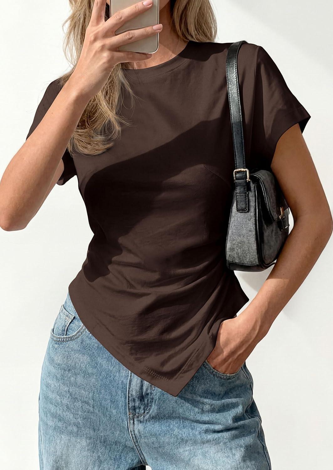 imagePRETTYGARDEN Womens Asymmetrical Tops 2026 Spring Summer Going Out Shirts Y2K Short Sleeve Crew Neck Ruched Trendy ClothesBrown