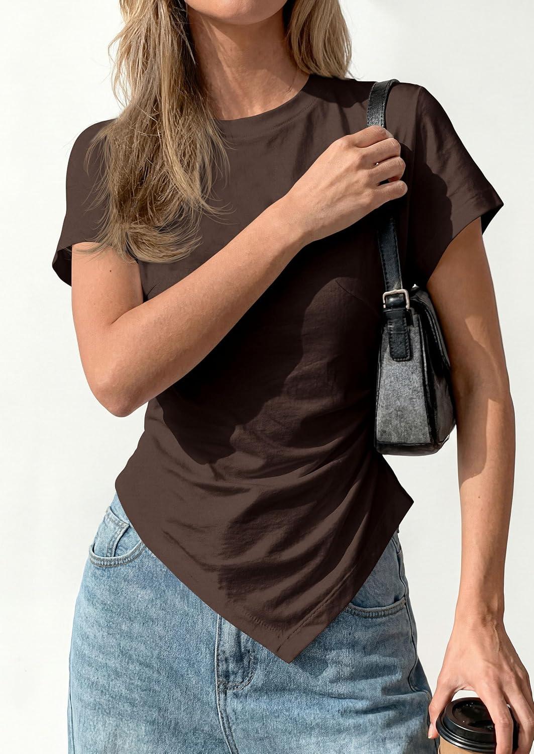 imagePRETTYGARDEN Womens Asymmetrical Tops 2026 Spring Summer Going Out Shirts Y2K Short Sleeve Crew Neck Ruched Trendy ClothesBrown