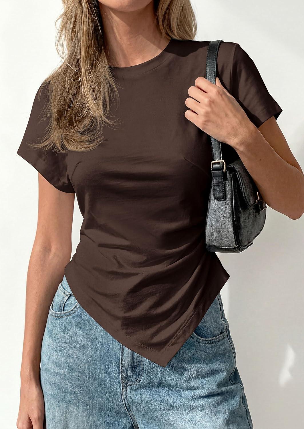 imagePRETTYGARDEN Womens Asymmetrical Tops 2026 Spring Summer Going Out Shirts Y2K Short Sleeve Crew Neck Ruched Trendy ClothesBrown