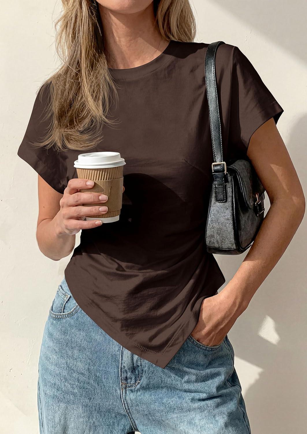 imagePRETTYGARDEN Womens Asymmetrical Tops 2026 Spring Summer Going Out Shirts Y2K Short Sleeve Crew Neck Ruched Trendy ClothesBrown