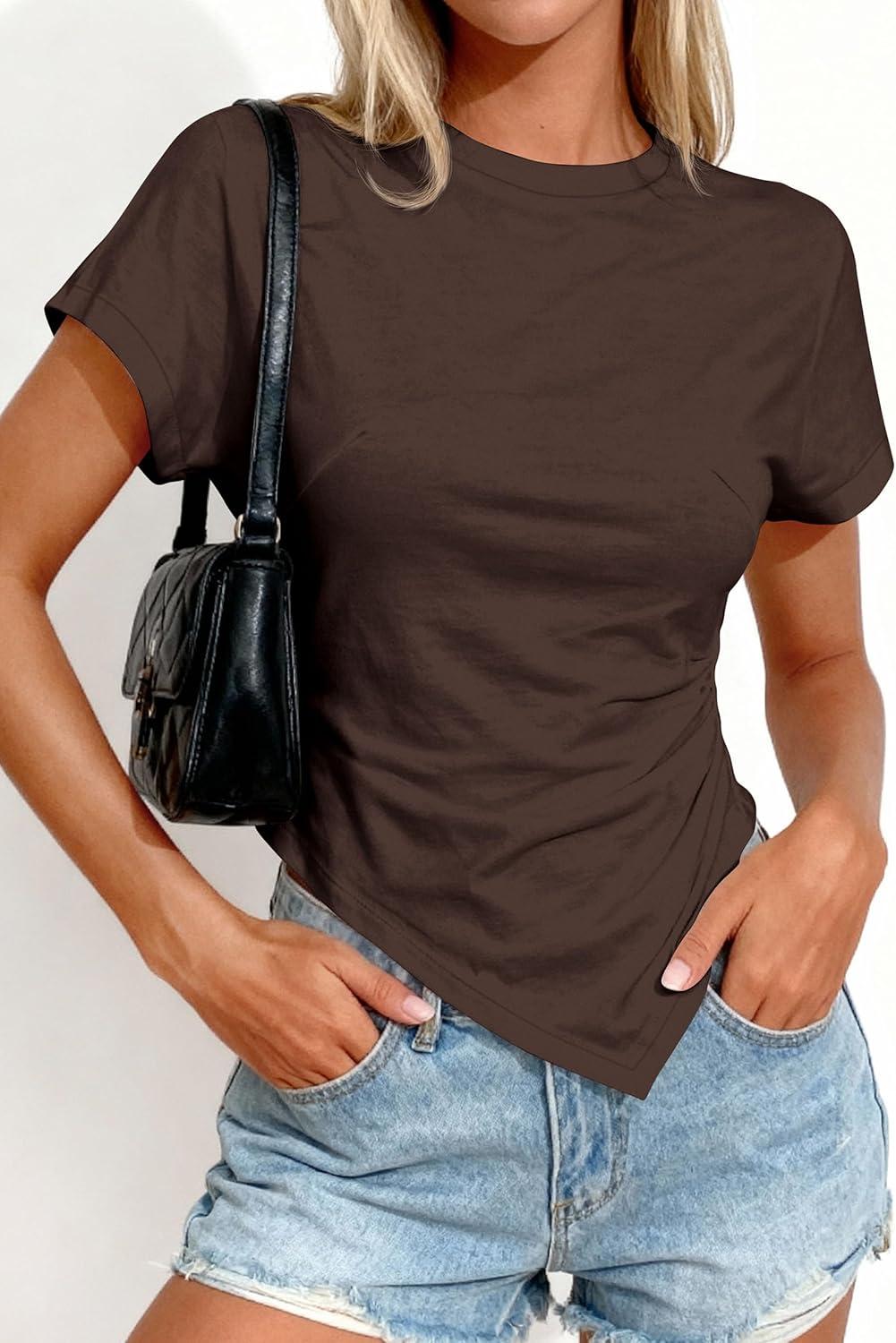 imagePRETTYGARDEN Womens Asymmetrical Tops 2026 Spring Summer Going Out Shirts Y2K Short Sleeve Crew Neck Ruched Trendy ClothesBrown