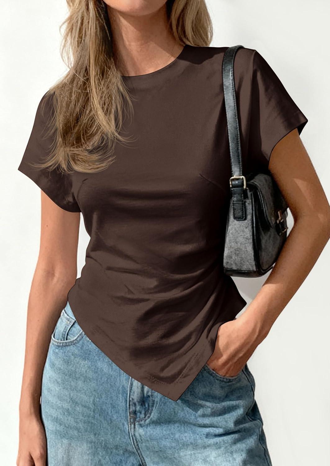 imagePRETTYGARDEN Womens Asymmetrical Tops 2026 Spring Summer Going Out Shirts Y2K Short Sleeve Crew Neck Ruched Trendy ClothesBrown