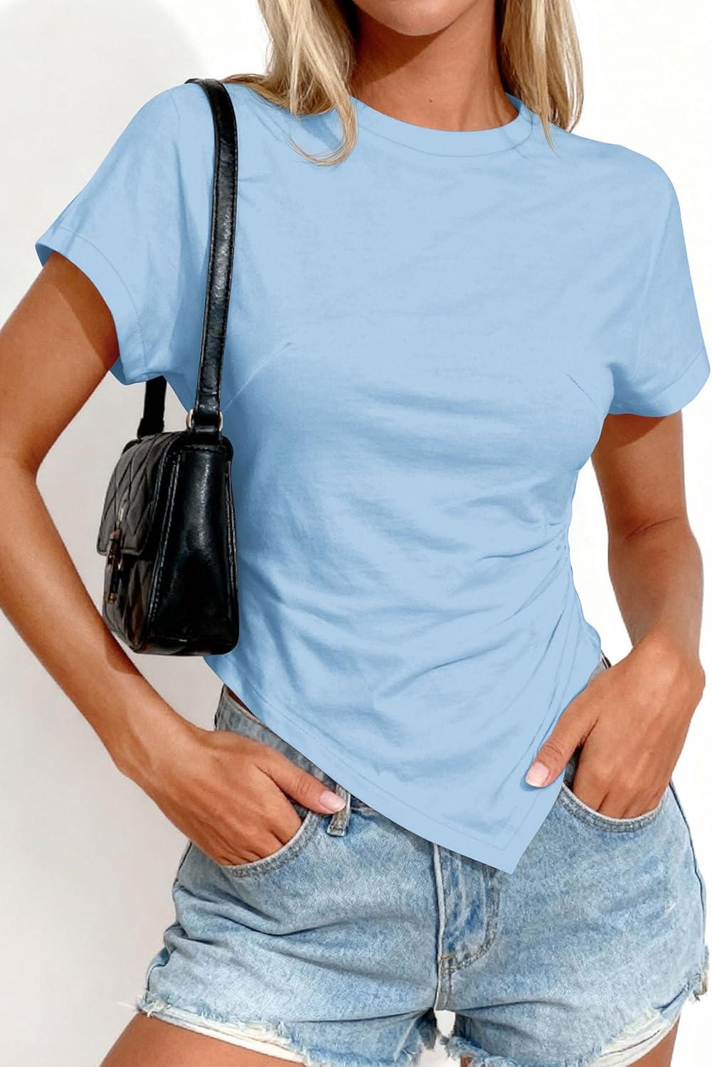 imagePRETTYGARDEN Womens Asymmetrical Tops 2026 Spring Summer Going Out Shirts Y2K Short Sleeve Crew Neck Ruched Trendy ClothesLight Blue