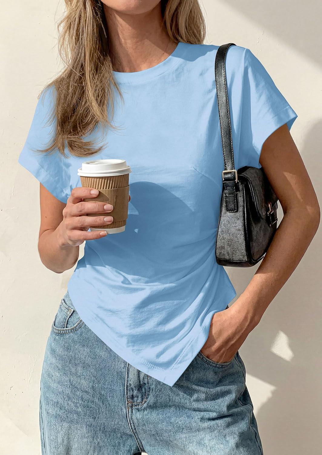 imagePRETTYGARDEN Womens Asymmetrical Tops 2026 Spring Summer Going Out Shirts Y2K Short Sleeve Crew Neck Ruched Trendy ClothesLight Blue