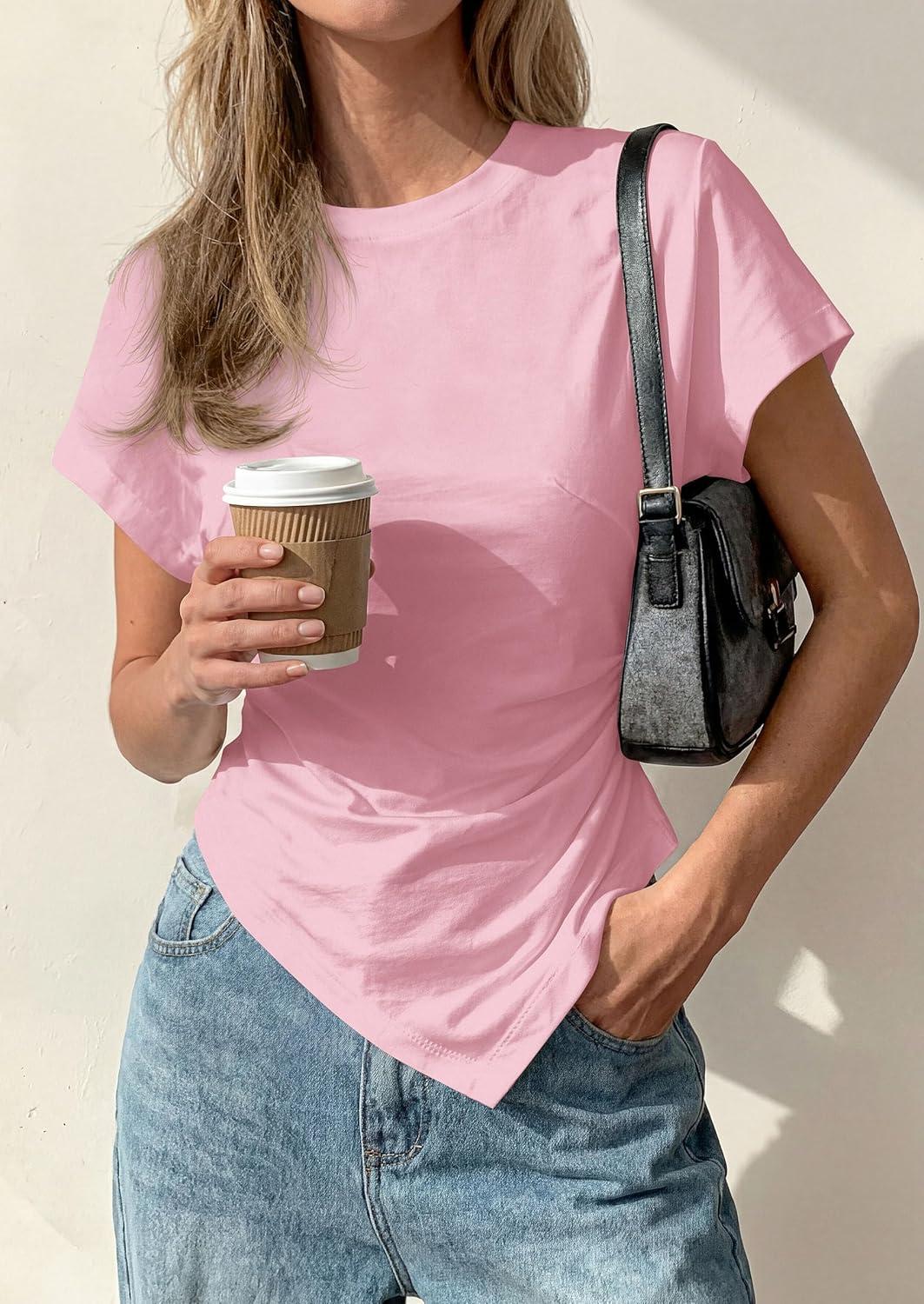 imagePRETTYGARDEN Womens Asymmetrical Tops 2026 Spring Summer Going Out Shirts Y2K Short Sleeve Crew Neck Ruched Trendy ClothesPink